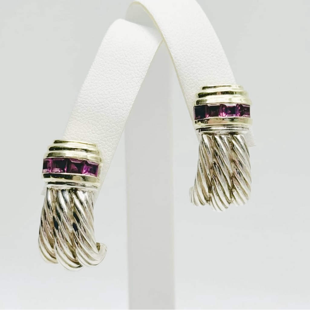 David Yurman Triple Cable Earrings With Rhodolite Garnet And Gold